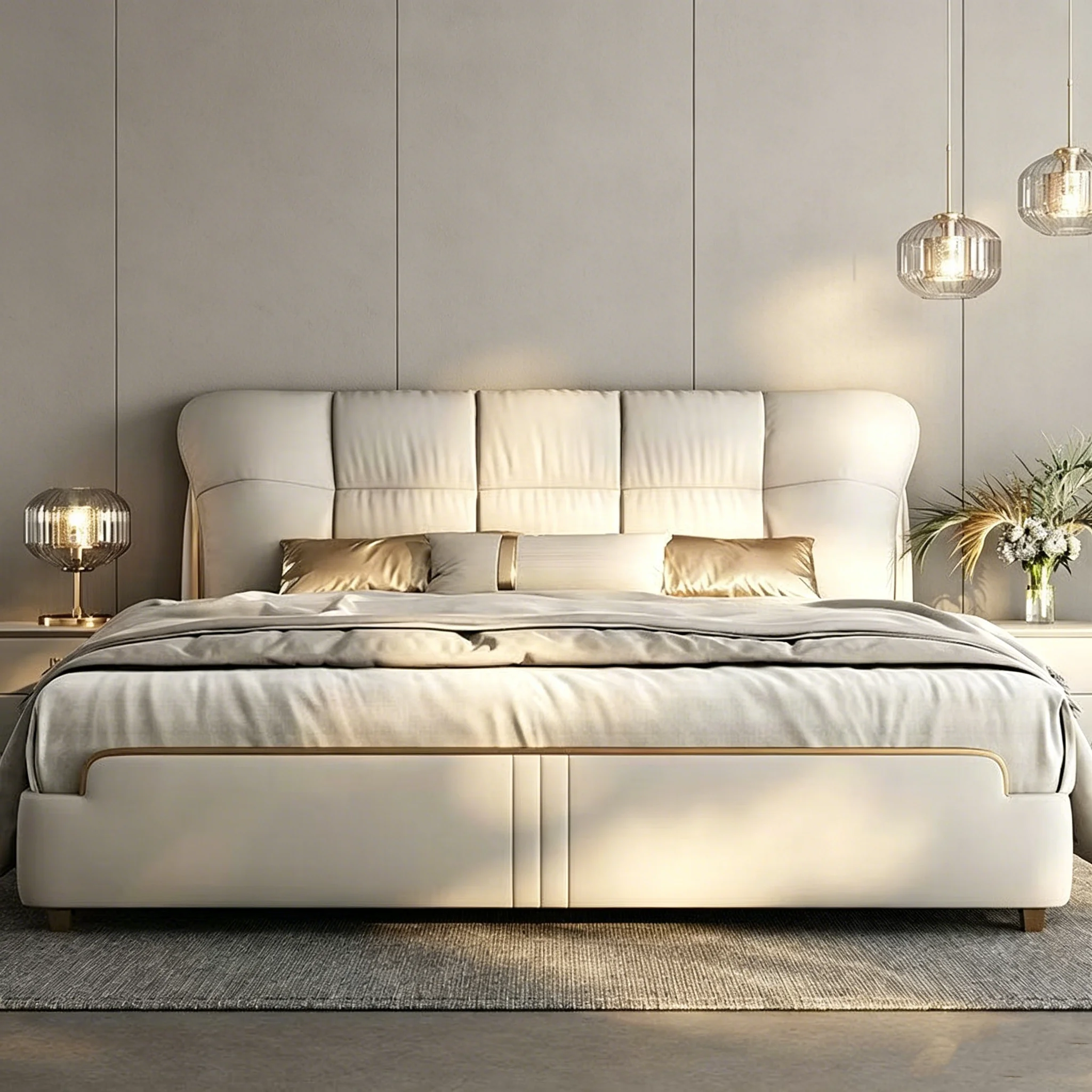 *Modern Italian Luxury Genuine Leather Double Bed Master Bedroom Low Headboard Space Saving Flush Design Bed Frame Gold Trim