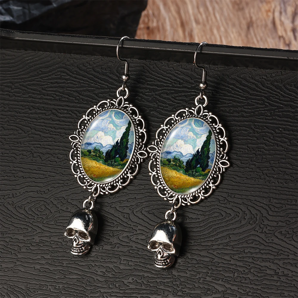 2024 New Arrival Fashion Van Gogh Starry Night Sunflower Oil Paintings  Fish Hook Earrings Handmade Pumpkin Skeleton Dangles