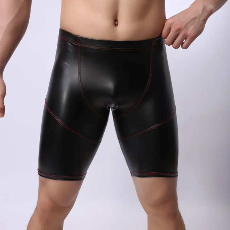 Imitation Leather Underwear Boxer Briefs Men Five Point Shorts Compression Sports Leggings Shorts U Convex Pouch Long Underpants