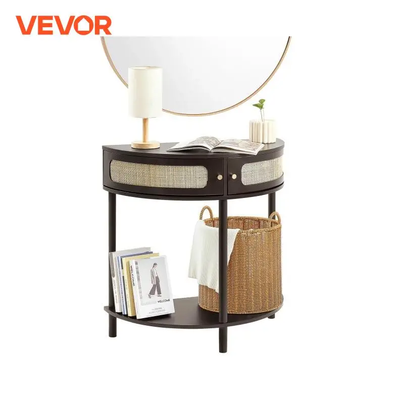 VEVOR Mesa consola de ratán en forma de media luna con 2 cajones, mesa de entrada de ratán con puerta corrediza de ratán natural, mesa consola con almacenamiento para sala de estar, estudio, entrada o pared de TV, colo