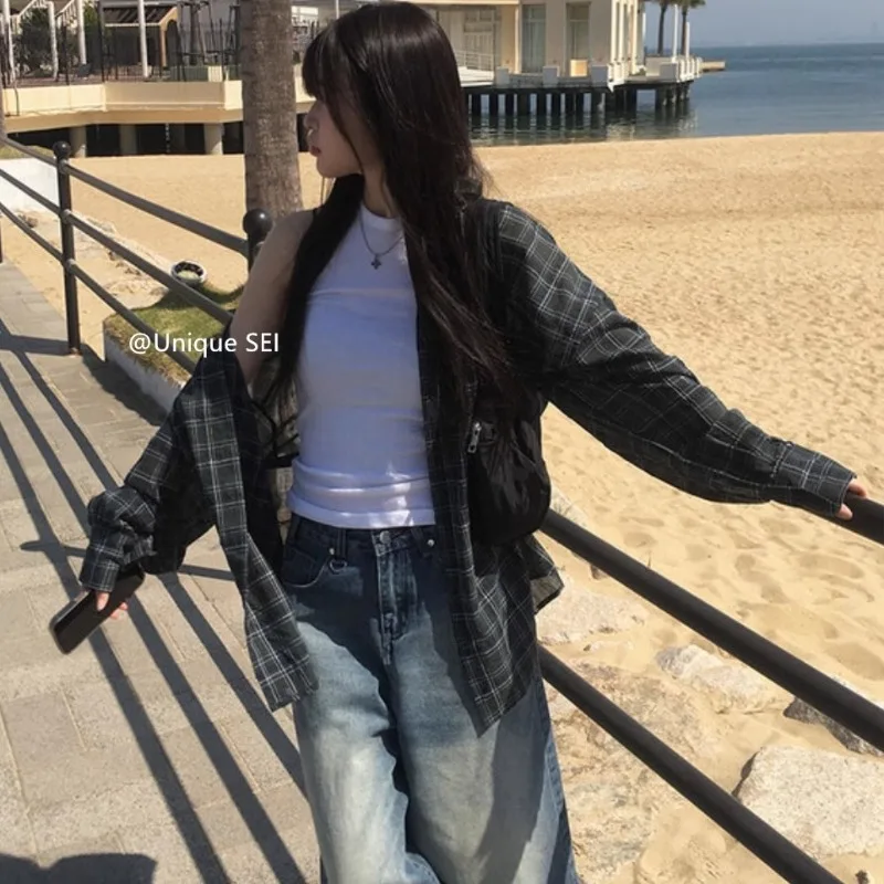 Polo Collar Single-breasted Loose Long-sleeved Shirt Women 2025 Summer New Japanese Contrast Color Plaid Casual Sunscreen Blouse
