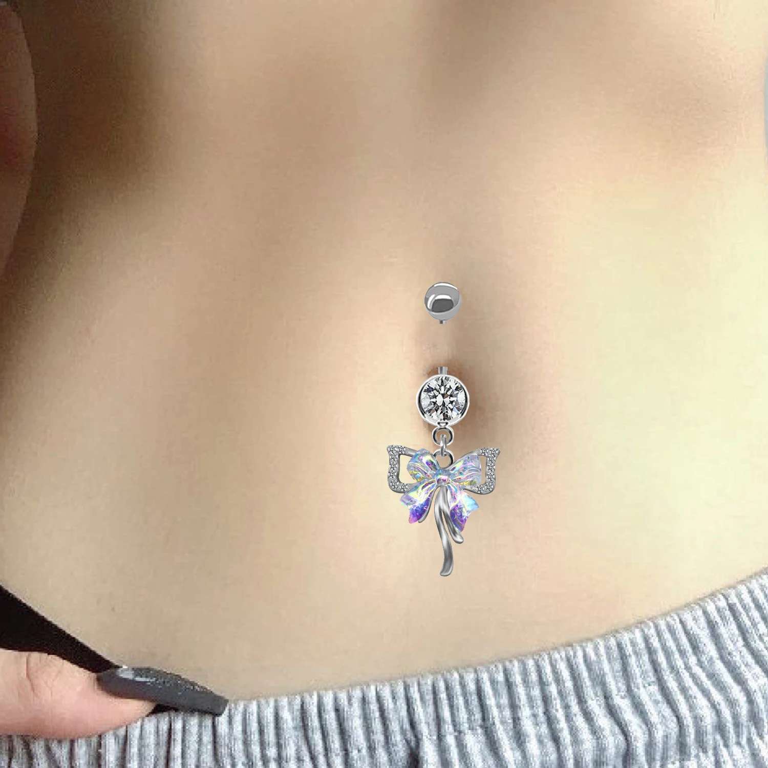 1PC Dangle Belly Button Ring Bow Tie Shape Pendant Inlaid Shiny Rhinestone Navel Ring Barbell Body Pircing Jewelry