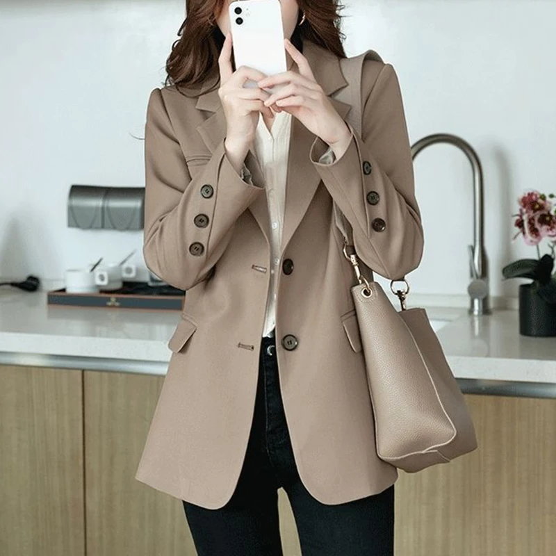 

Elegant Office Single Breasted Blazer Ladies Buttons Design Long Sleeve Suit Jackets Women Korean Turn Down Collar Jacket Woman