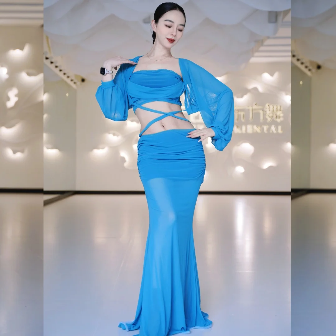 

Женский костюм для танца живота, топ на бретельках + рукава на плечах + юбка «рыбий хвост», 3 предмета, сексуальный комплект для похудения