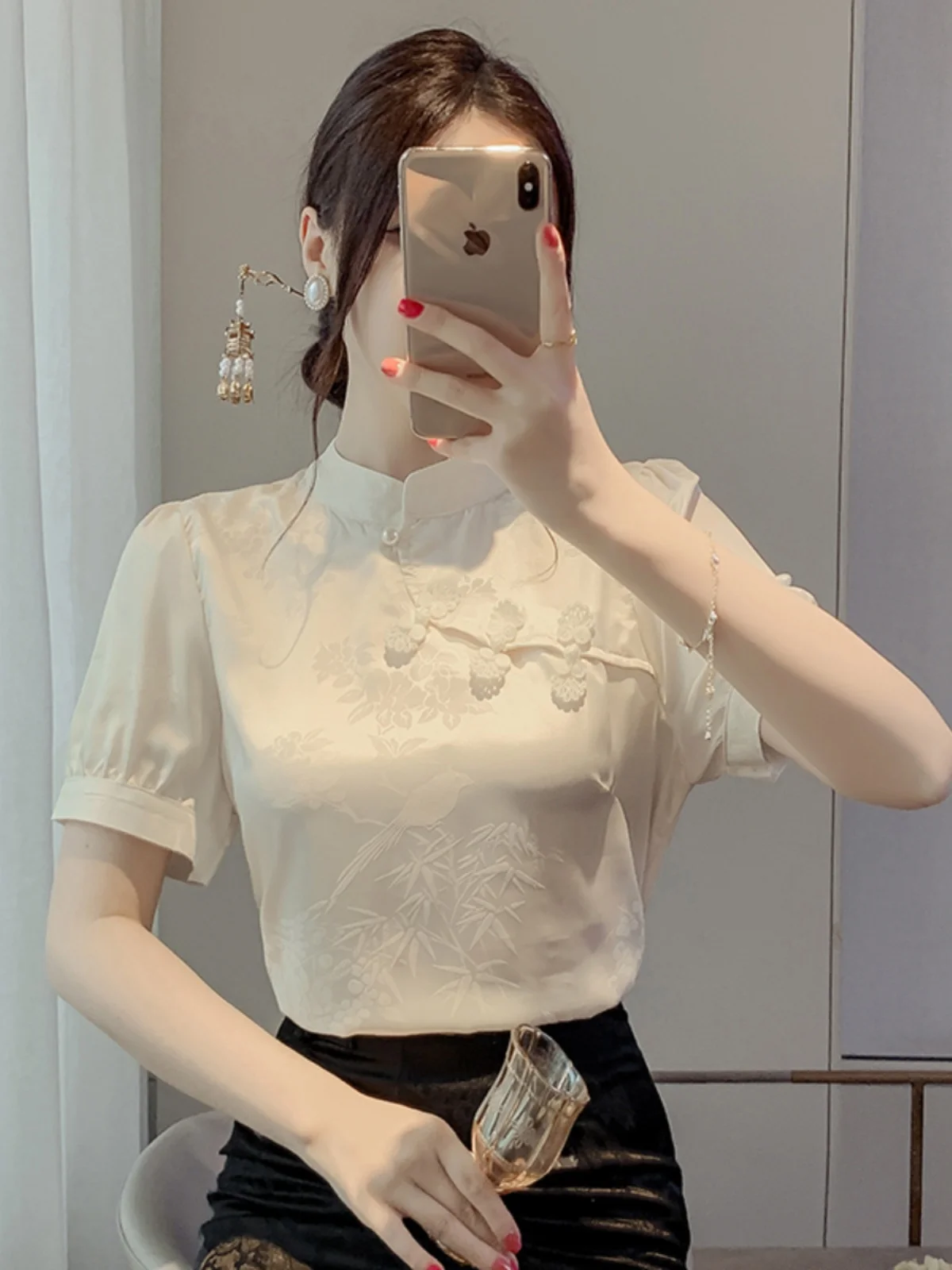 

Silk Satin ort Sve irt Women's Summer Retro Stand Collar Buttoned New Chinese Sle Top with Face Skirt