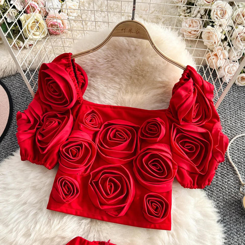 

Fashion Women's Two-pieces Set Three-dimensional Flower Top High Waist Wrapped Hip Mini Skirts 2 pieces set Female