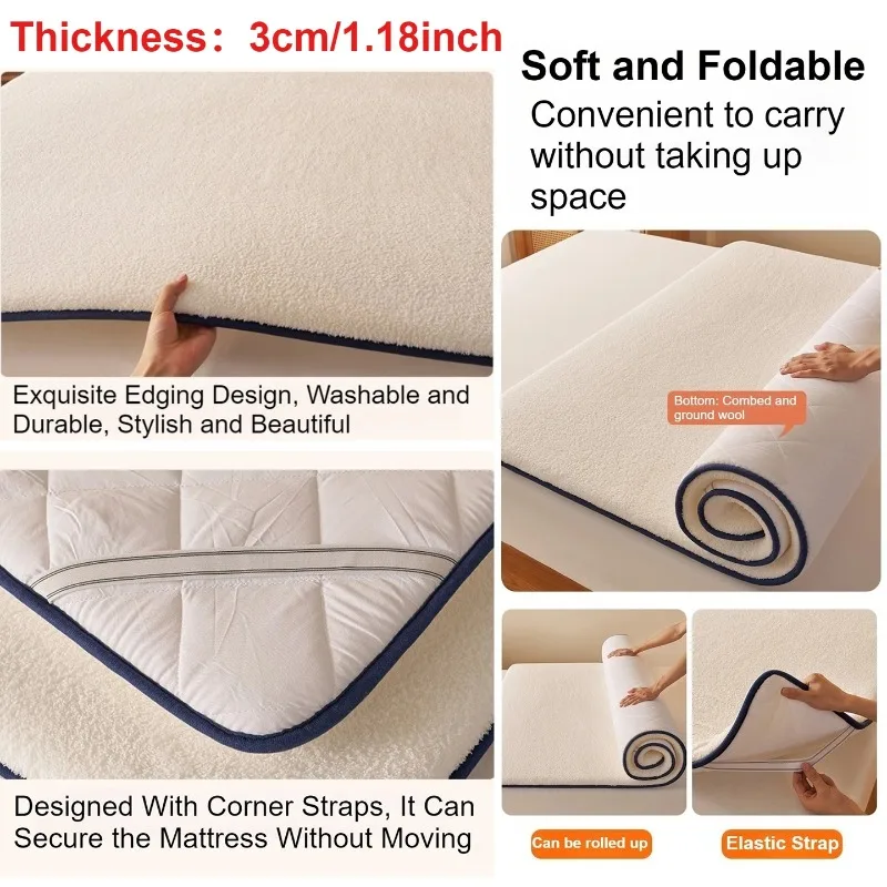 1PC Foldable Milk Velvet Bed Mattress Topper Anti Slip Thick Lamb Fleece Sleeping Pad Tatami Mat