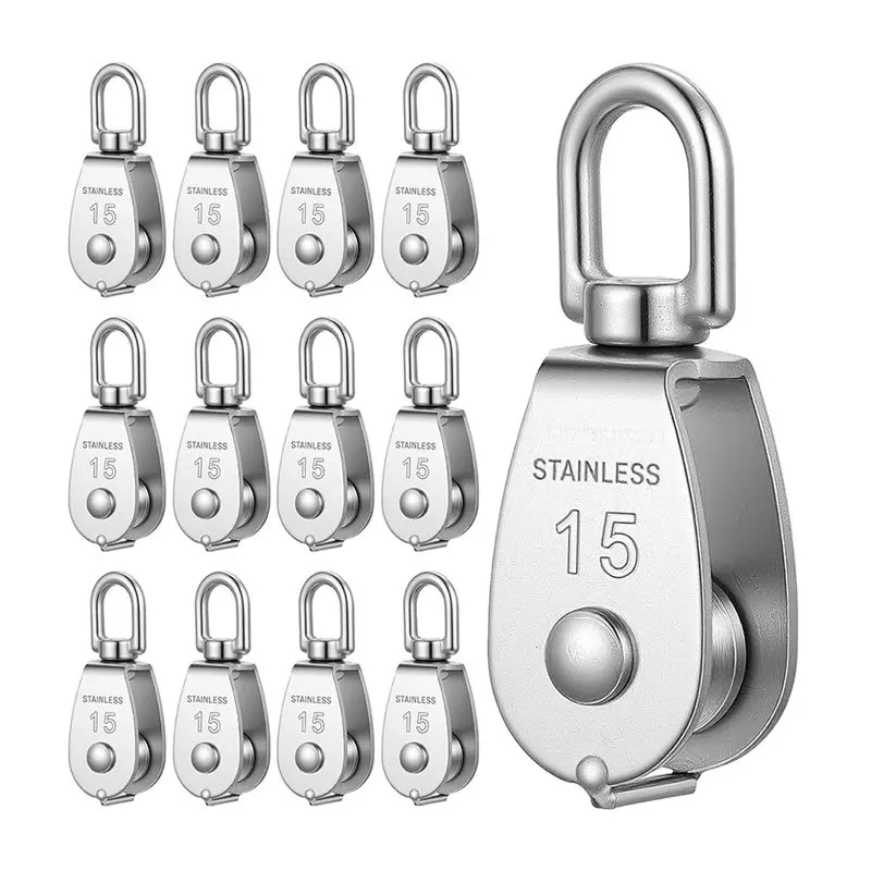 Y50A-M15 For Rope Pulleys 12 Pack, Heavy Duty Swivel Pulley Wheel 304 Stainless Steel For Lifting Towing Hanging Wire