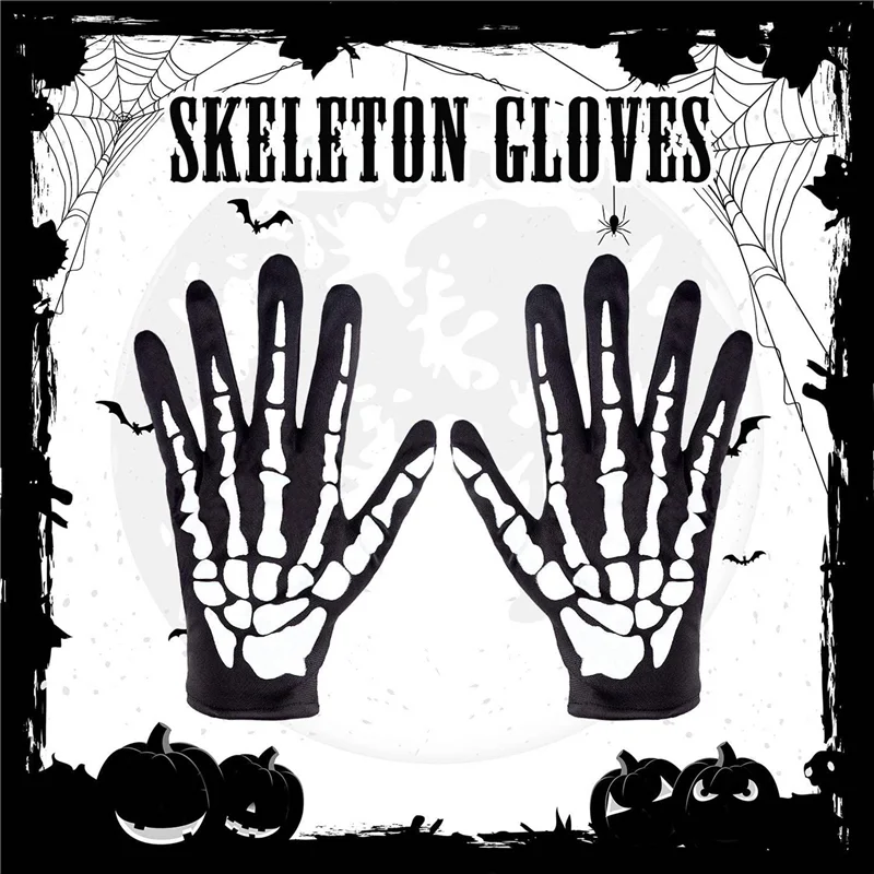 WOWFU-4 أزواج من قفازات الهيكل العظمي للهالوين مع أكمام ذراع هيكل عظمي كاملة الأصابع قفازات هيكل عظمي طويلة للذراع للأطفال والكبار