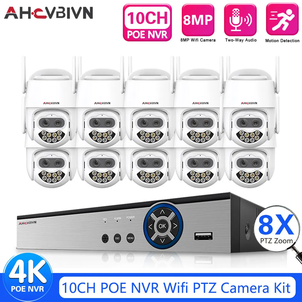 

8MP 4K PTZ IP Camera 8x Zoom Dual-Lens Human Detect 4K CCTV POE NVR Outdoor CCTV Wifi Video Surveillance 10CH System ICSEE