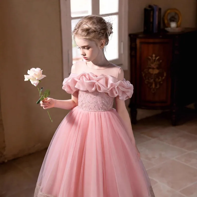 4-12 Year Gorgeous and Elegant Girl Christmas Party Dress Old Girls One Shoulder Flower Girl Wedding Dress Tulle Halloween Dress