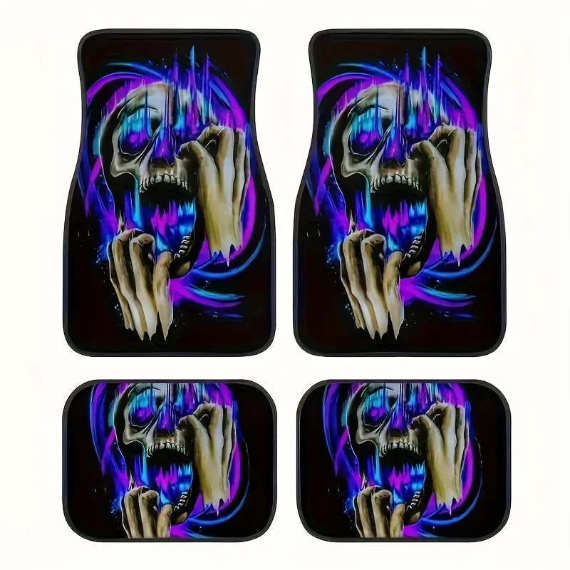 4pcs Set Of Skull Print Car Floor Mats, Suitable For Sedans, Trucks, SUVs And Other Models, Absorbent, Non-slip And Easy To Clea