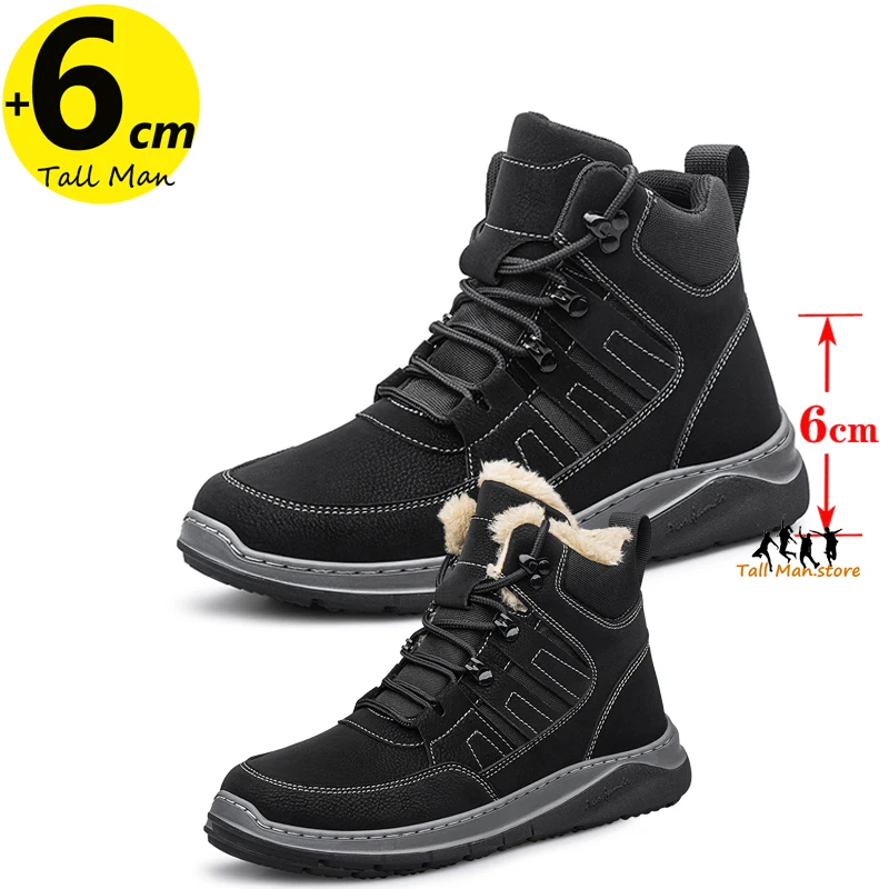 Winter Men Leather Outdoor Ankel Boots Warm Height Increase Insole 6cm Man Elevator Shoes Plus Size 37-46