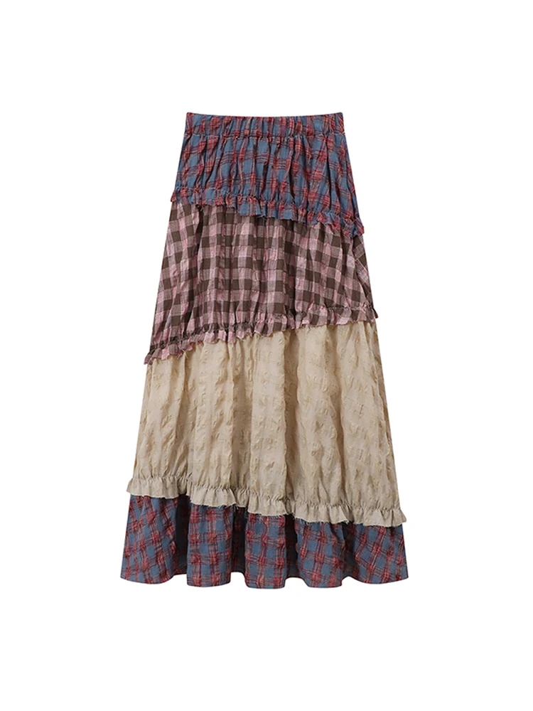 Summer Women French Vintage Boho Style Patchwork Midi Skirt Elastic Waist Mori Girl Art Cottage Core Old Money Aesthetic A-line