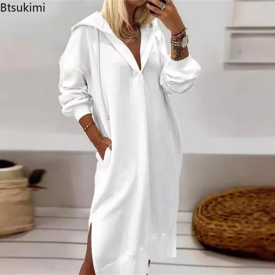 2026 Women Knitted Hooded Sweatshirt Drawstring Long Sleeve Side Split Hem Pullover Dress Female Fashion Casual Dresses Clothes