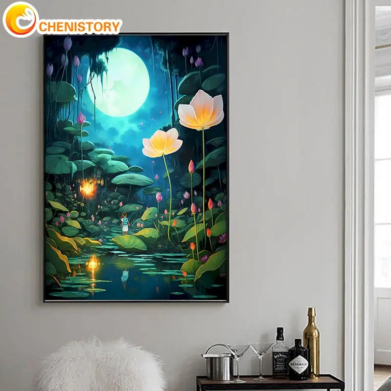 

CHENISTORY Painting By Number Lotus and Lotus Leaf Scenery Drawing On Canvas Art Gift DIY Pictures By Number Kits Home Decor