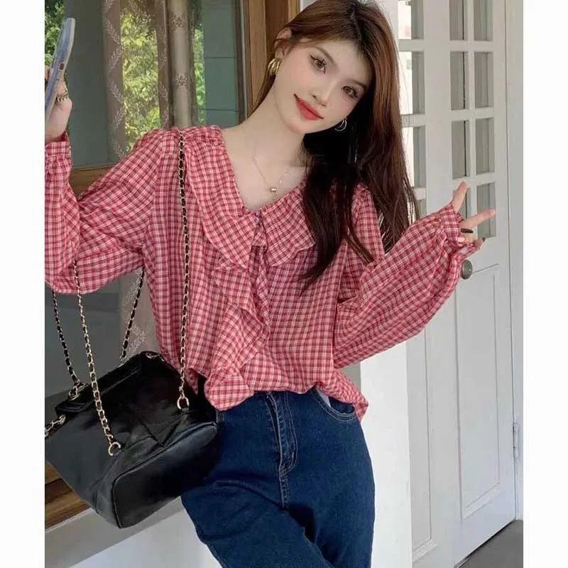 Fashion V-Neck Spliced Ruffles Loose Plaid Blouses Women\'s Clothing 2024 Spring Summer Oversized Casual Tops All-match Shirts