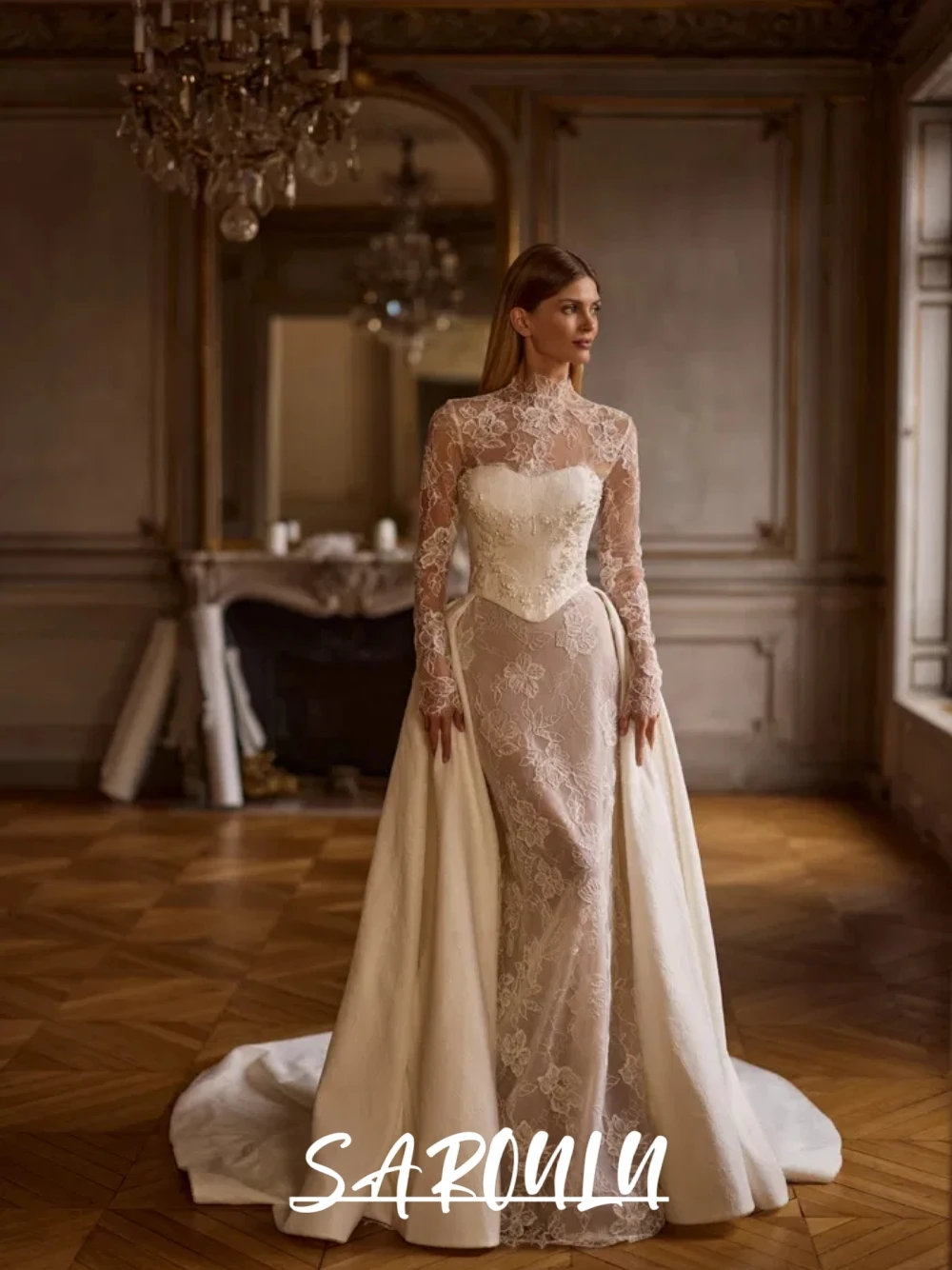 

Chic Floral Lace Detachable Train Wedding Dress Newest Elegant A Line Pearls Customized Delicate Corset Long Bridal Gown