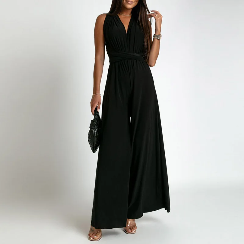 

High Street Solid Deep V-neck Solid One Piece Sexy Slim Waisted Party Overall Commute Cross Bandage Backless Women's Jumpsuit