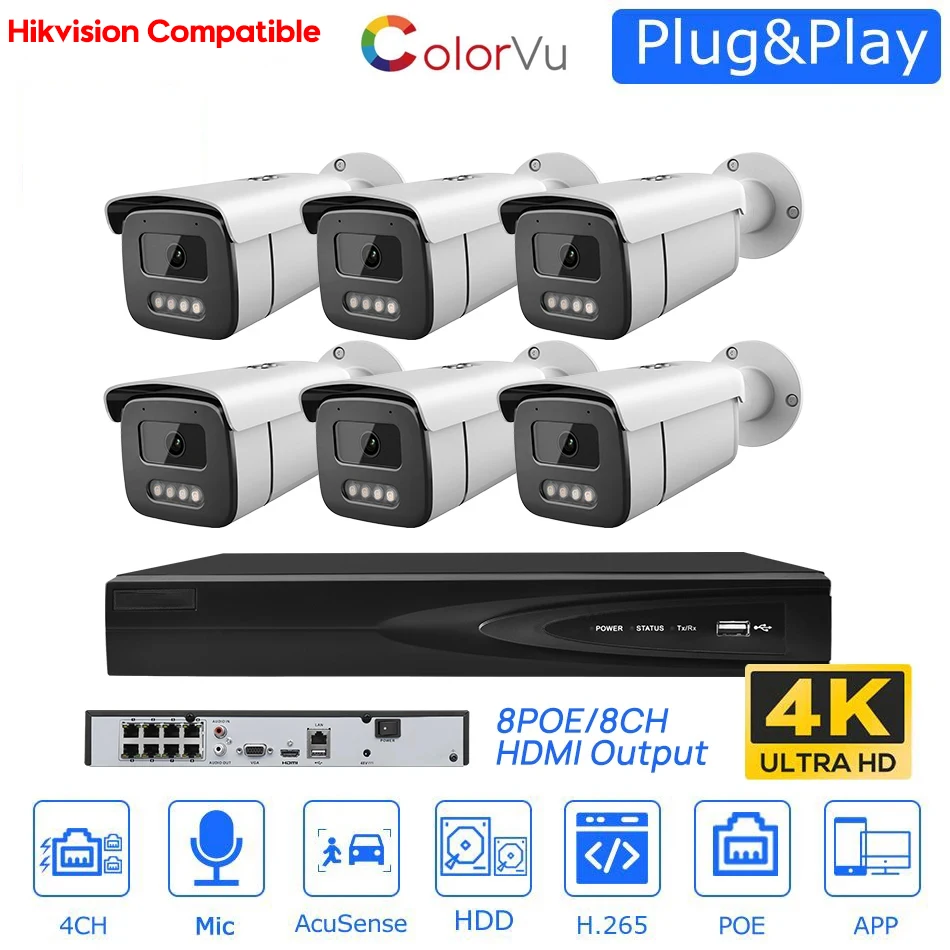 4K CCTV System 6 Cameras POE NVR KIT 8MP ColorVu IP Camera Built-in Mic Motion Detection Security Plug&Play Hik-Connect