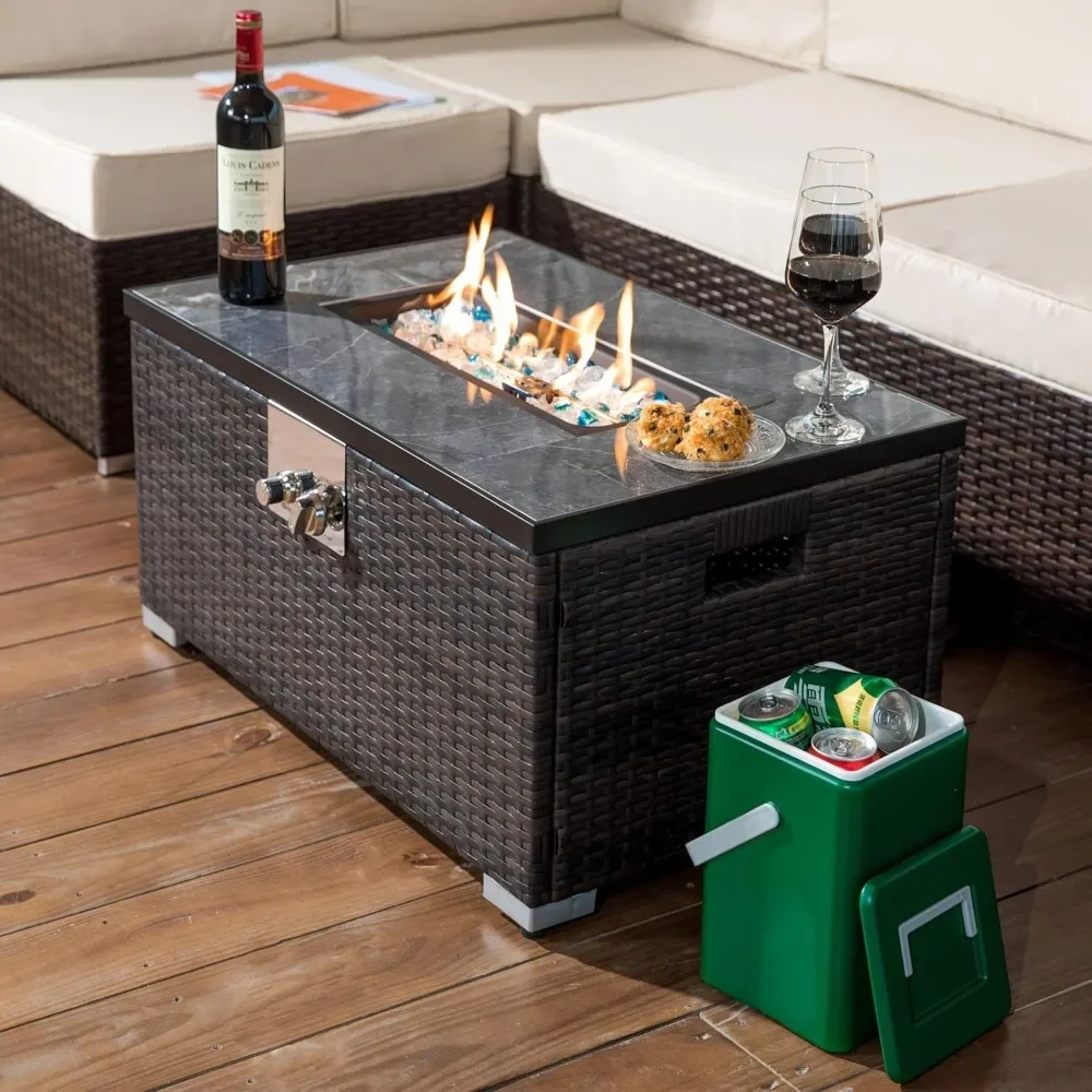 Propane Fire Pit，40000BTU Efficient Heating，Gas Fire Table with Tile Tabletop，marble Desktop，Rattan Gas Fire Table