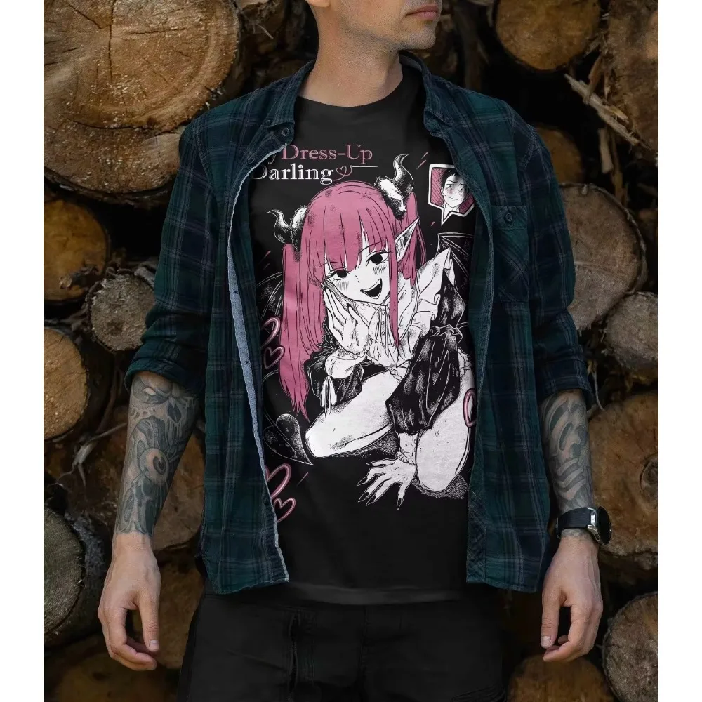 My Dress Up Darling Marin Devil Horn Pink Heart Print Graphic T‑shirt Unisex Washed Cotton Short Sleeve Casual Streetwear Tops