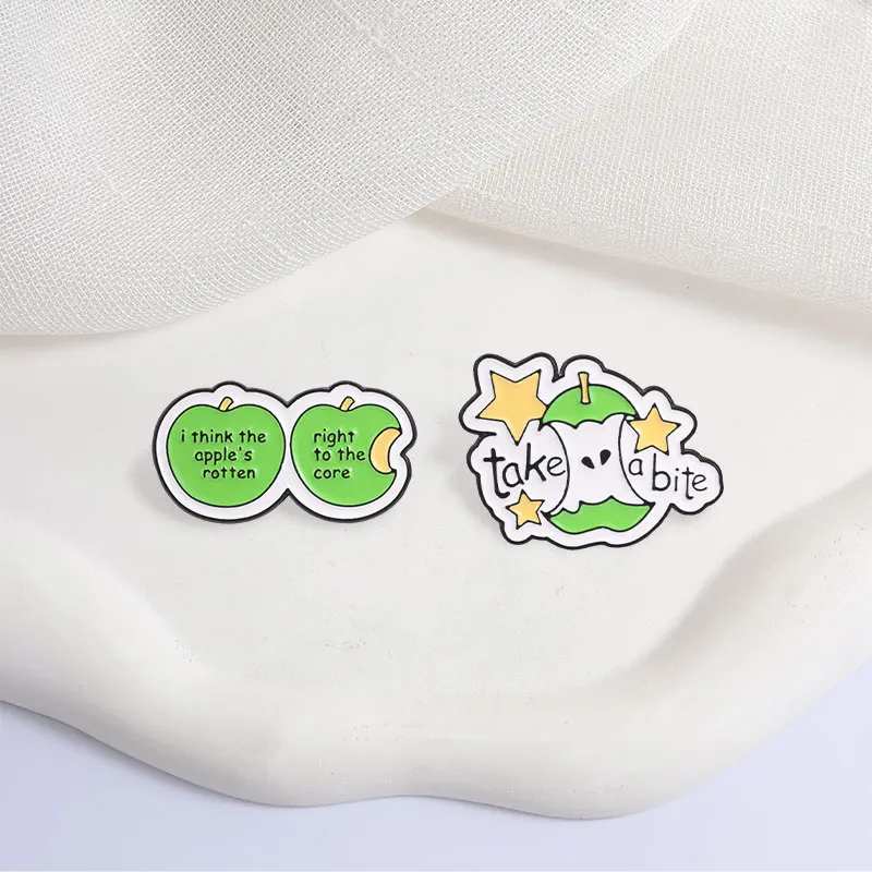 Cartoon Green Apple Slogan Badge Take A Bite Enamel Pins Fashion Lapel Metal Brooches Backpack Clothes Jewelry Gift for Friends