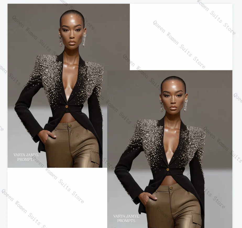 Luxury Crystals Women Suit Set 2 Pcs Blazer+Straight Pants Trouser Cotton Formal Office Lady Jacket Wedding Prom Coat Customized image 2