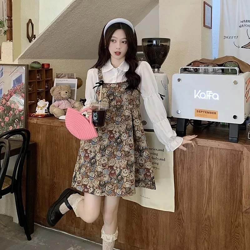 Summer Sweet Women Clothing Bow Long-sleeved Shirt Female Fashion Dress Fake 2pcs Bear Strap Mini Dress A-line Loose Y2k Dresses