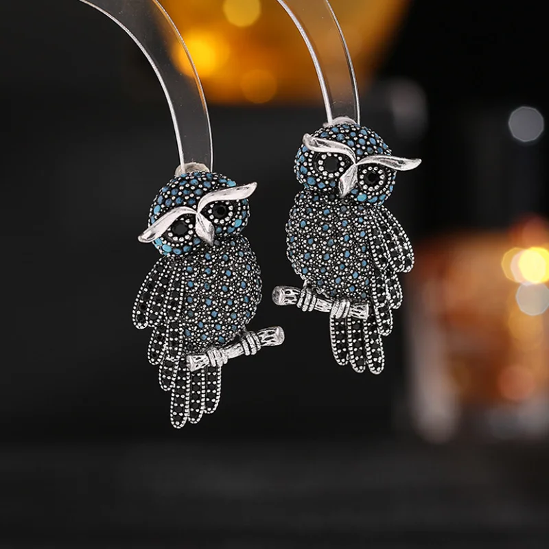 

Bobokiki Jewelry Fashion Owl Titanium Steel Micro-Inlaid AAA Zircon Silver Needle Luxury Bird Earrings