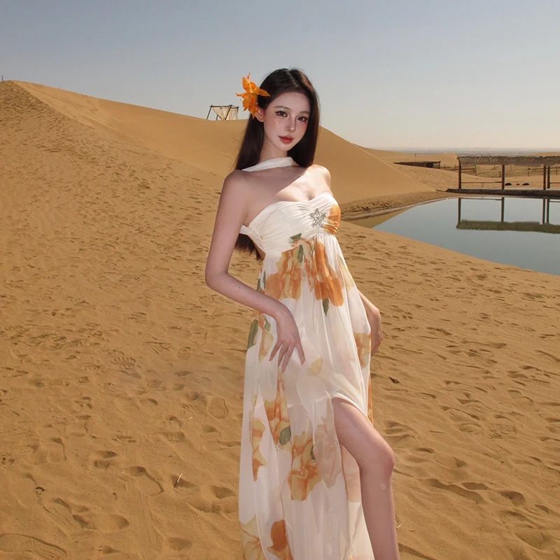 

New Women's Off-Shoulder Backless Floral Maxi Dress Sexy Long Skirt with Ruffle Hemline Neck Hanging Design