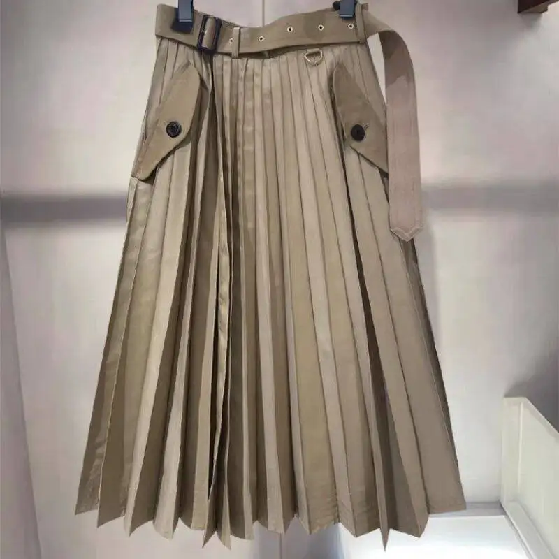 SAC 25 pleated skirt high waist waist strap splicing belt half body pleated skirt
