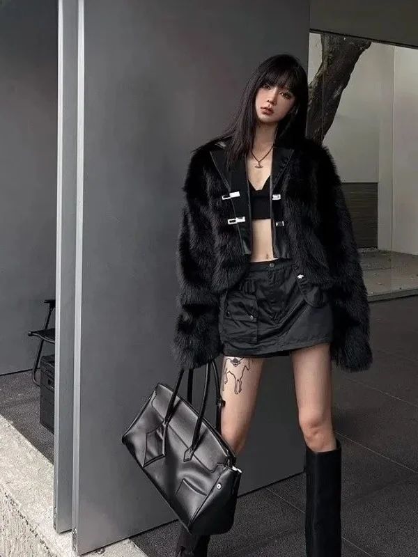 Chaqueta de Piel Sintética Ecológica para Mujer, Estilo Blazer, Otoño Invierno, Sensación de Alta Gama, Piel y Pelo Sintético para Mujeres Jóvenes