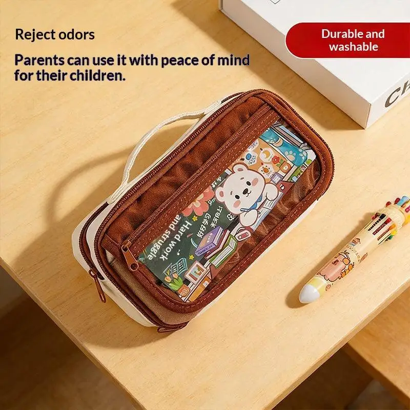 Large Capacity Transparent Pencil Case Cute Cartoon Bear Holds 40 Pens For Students School Use
