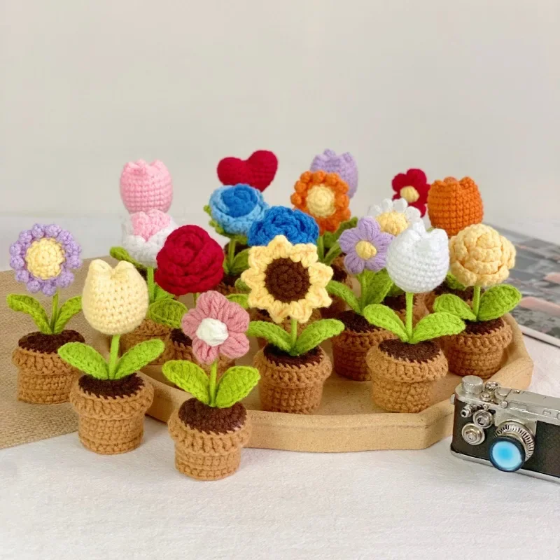 Hand Knitting Potted Plants Hand-woven Rose Sunflower Tulip Crochet Flower Auto Interior Accessories Car Decoration Ornaments