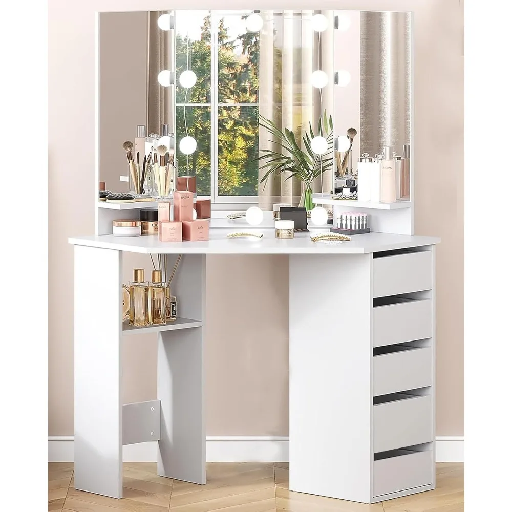 

Corner Vanity Desk with Mirror Lights - White Makeup Vanity Table with Lighted Mirror5Drawers3Lighting Modes and Storage Shelves