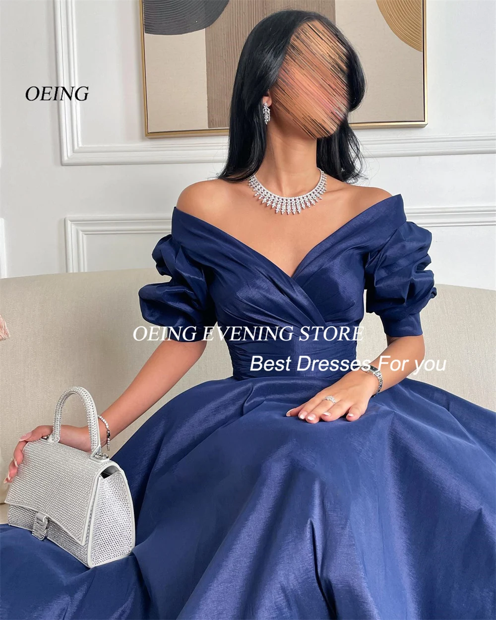 Off the Shoulder Short Sleeves Blue Prom Dresses Customized Satin A-Line Elegant Formal Party Women Gowns Dubai Evening Dress