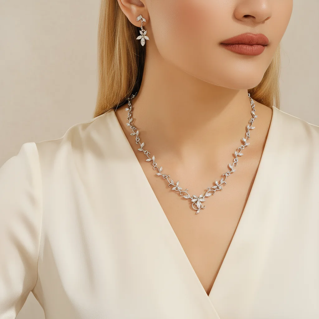 

3pcs Elegant Vintage Jewelry Set for Women Daisy Vine Style Necklace Shiny Crystal Choker Bridal Wedding Earrings Party