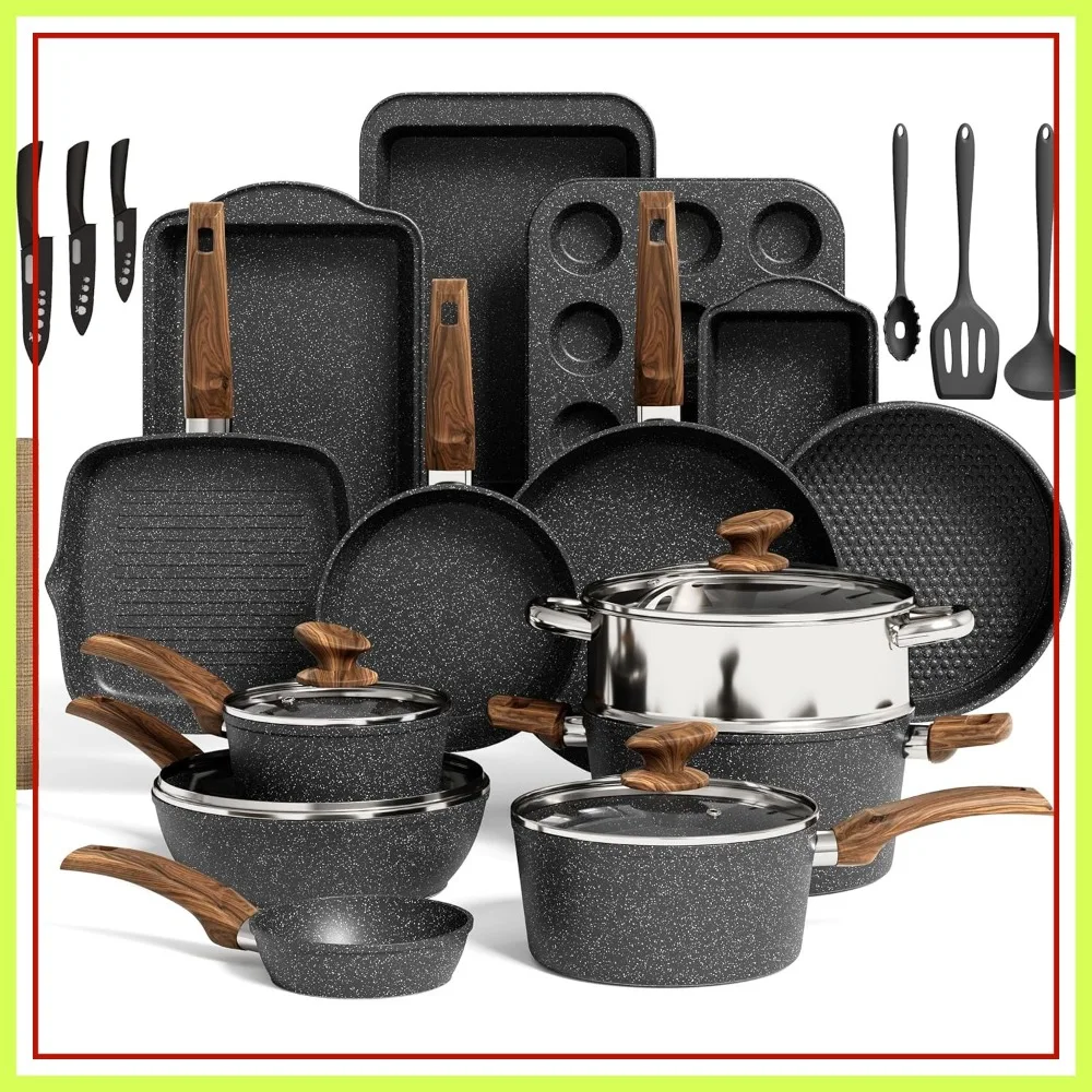 

30-Piece Kitchen Cookware & Bakeware Set, Black Granite Non-Stick Pots and Pans