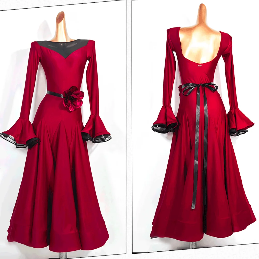 Modern New Ladies Ballroom Dancing Dress Horn Sleeve Fishbone Dress Large Skirt Adult Modern Dance Black wine red Waltz dress