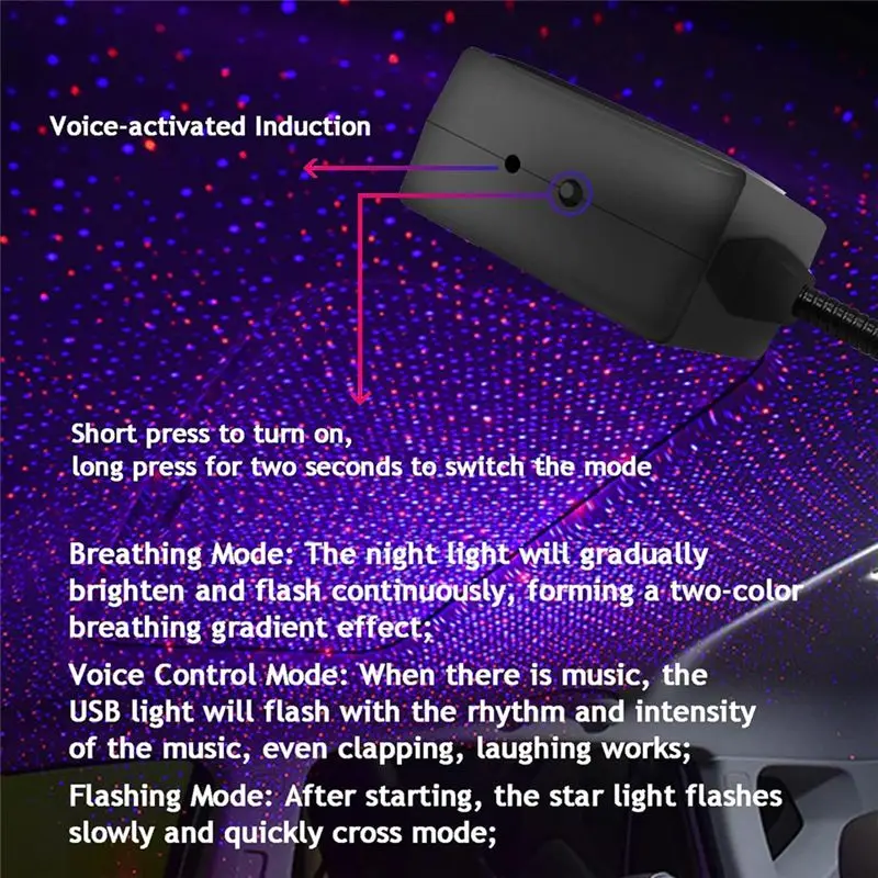 AEE2-Mini Led Projection Lamp Star Night,Star Roof Lights For Car, Home Ceiling Romantic USB Night Light - Plug And Play