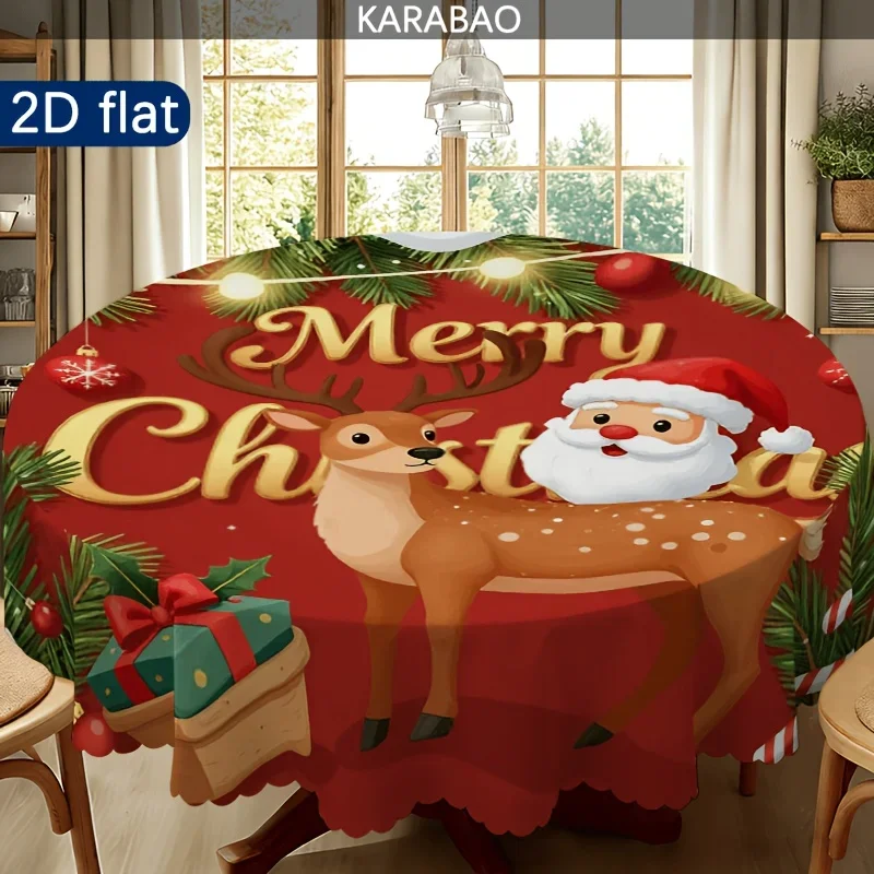 Santa and reindeer-themed round tablecloth with pine branches, lights and gifts on a red background for a festive atmosphere