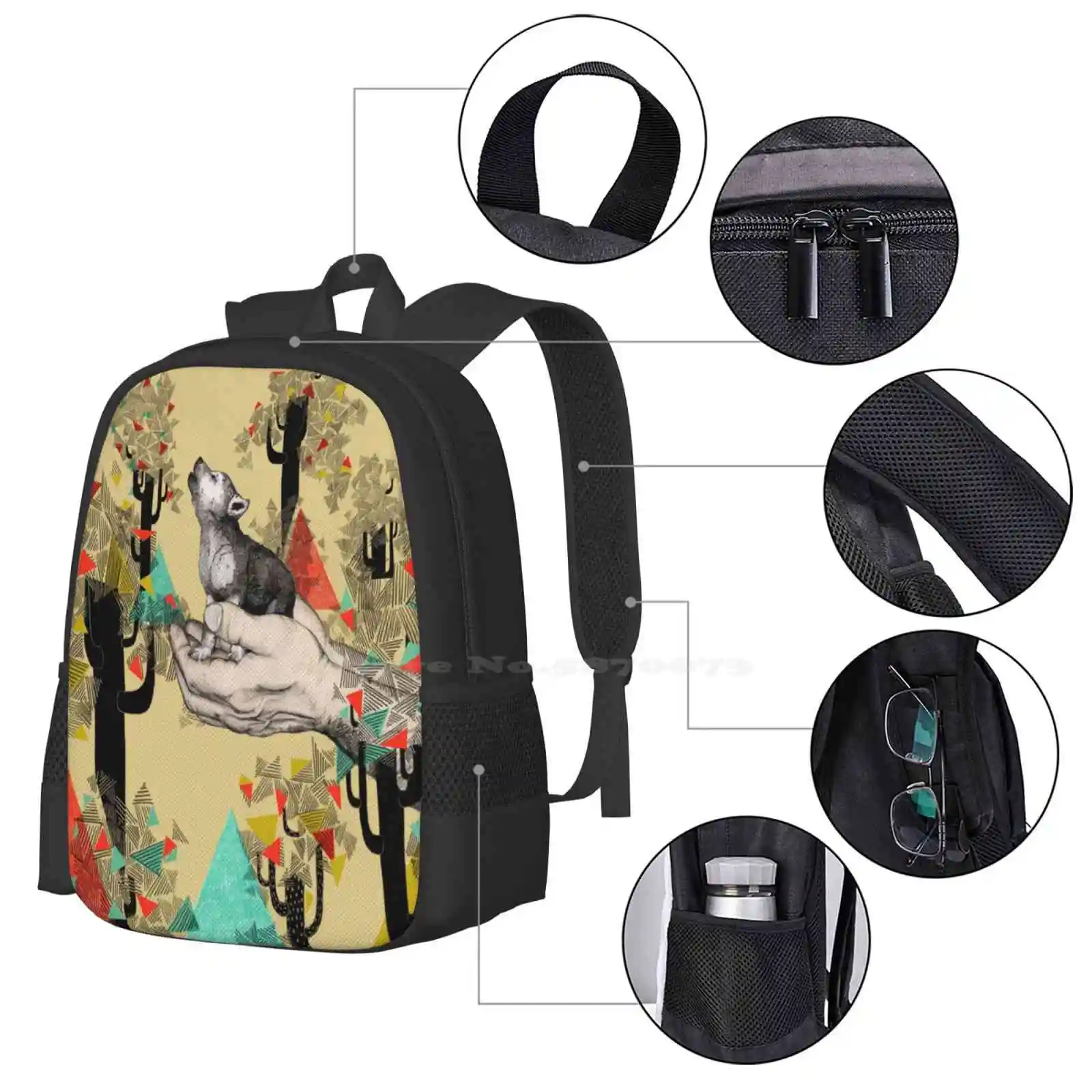 Found You There Pattern Design Bag Student'S Backpack Wolf Cub Dog Howl Yellow Mustard Triangle Trees Sandra Dieckmann