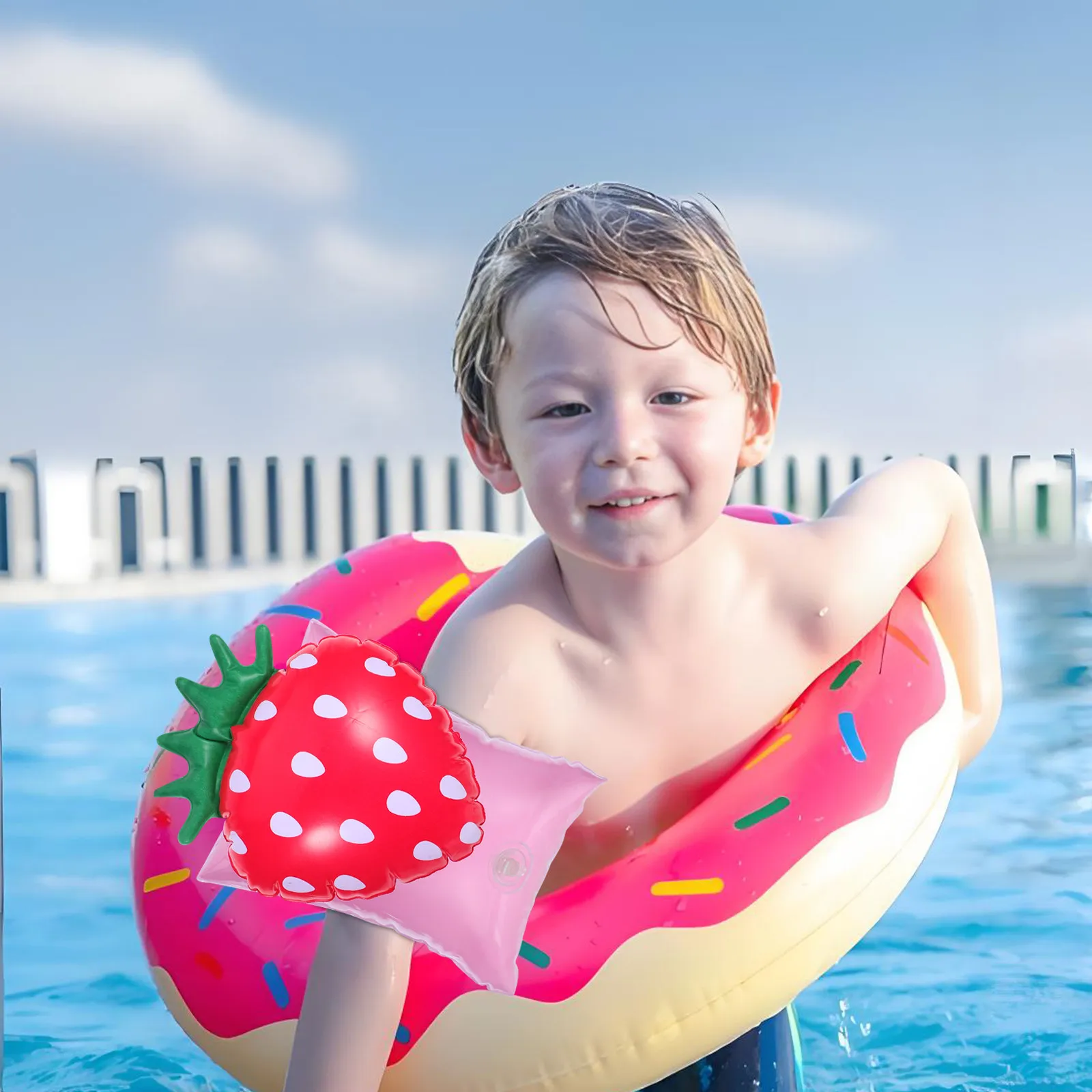 1 Pair Inflatable Baby Swimming Arm Band Strawberry Pattern Children Floaties Safe Pool Training Arm Float for Toddlers Summer