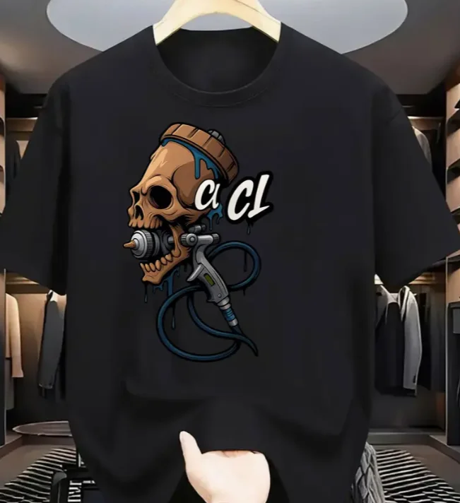 Men Skull Spray Paint Gun Graphic T-Shirt - Edgy Streetwear Black Tee with Blue & White Urban Art Print Round Neck