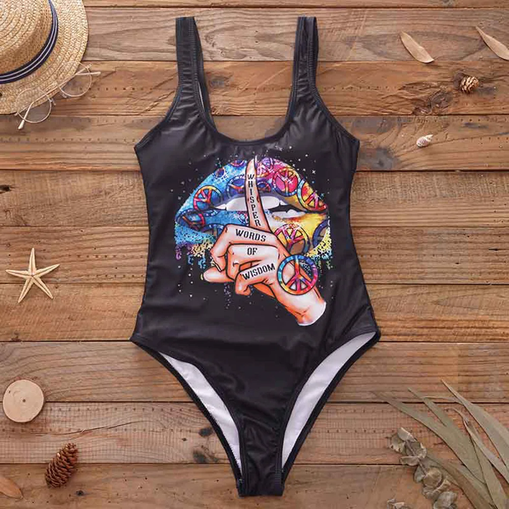 Sexy One Piece Swimwear Woman 2025 Flame Red Lips Print Push Up Monokini Backless Bodysuit Swimsuit Beach Bathing Suits
