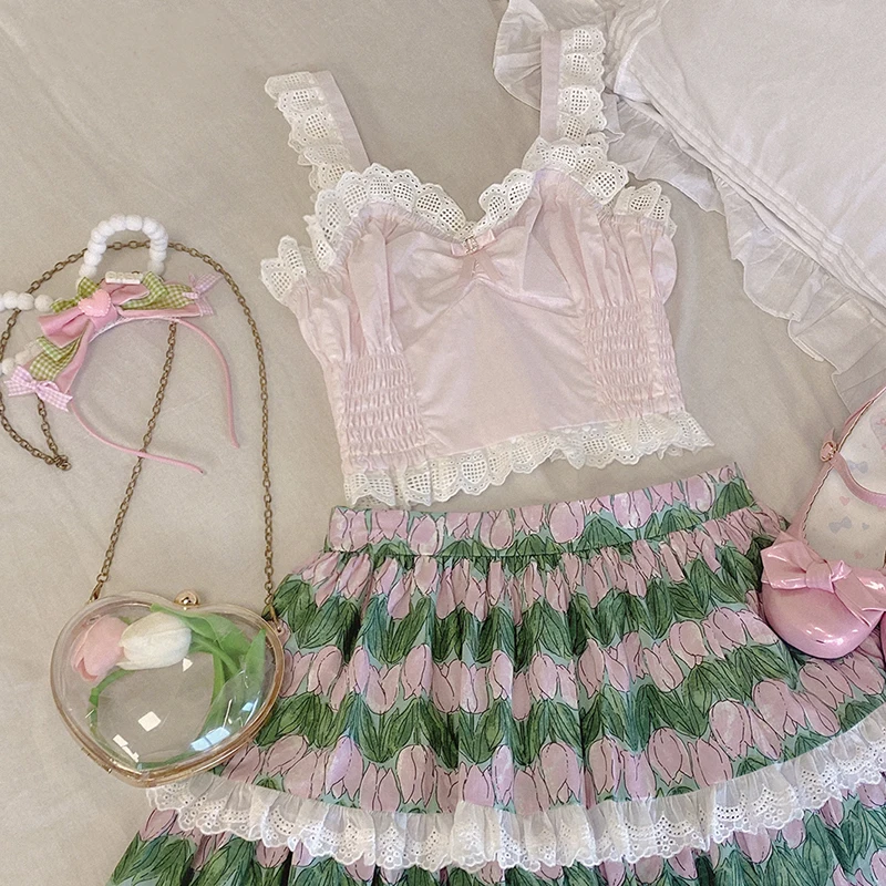 Sweet Pink Lolita Crop Top Women Summer Chic Lace Bow Sleeveless Camisole Japan Aesthetic Princess Tank Tops Kawaii Cute Clothes