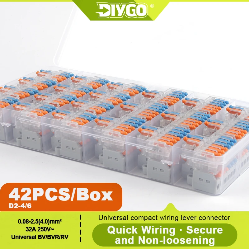 

DIY GO 42pcs Lever Splice Wire Connectors 2 in 4/6 Out Circuit Electrical Wire Connector 28-12 AWG Quick Connect Terminals