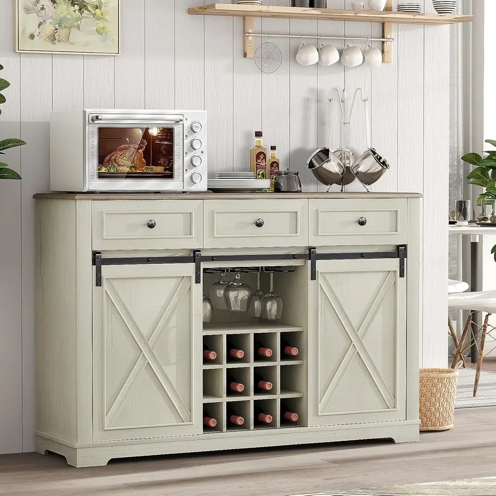 

54 Antique White Wine & Liquor Cabinet with Sliding Barn Door Storage for Home Bar