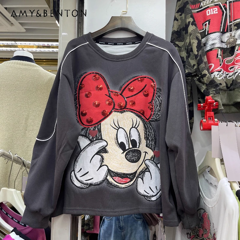 Heavy Industry Fashion Loose Sweatshirt Pullover Ladies Full Print Embroidery Cartoon O-Neck Long-sleeves Hoodies Kawaii Clothes